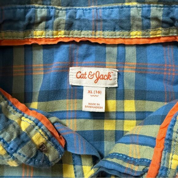 Cat & Jack Plaid Button Down Shirt Blue Yellow XL - Picture 3 of 5